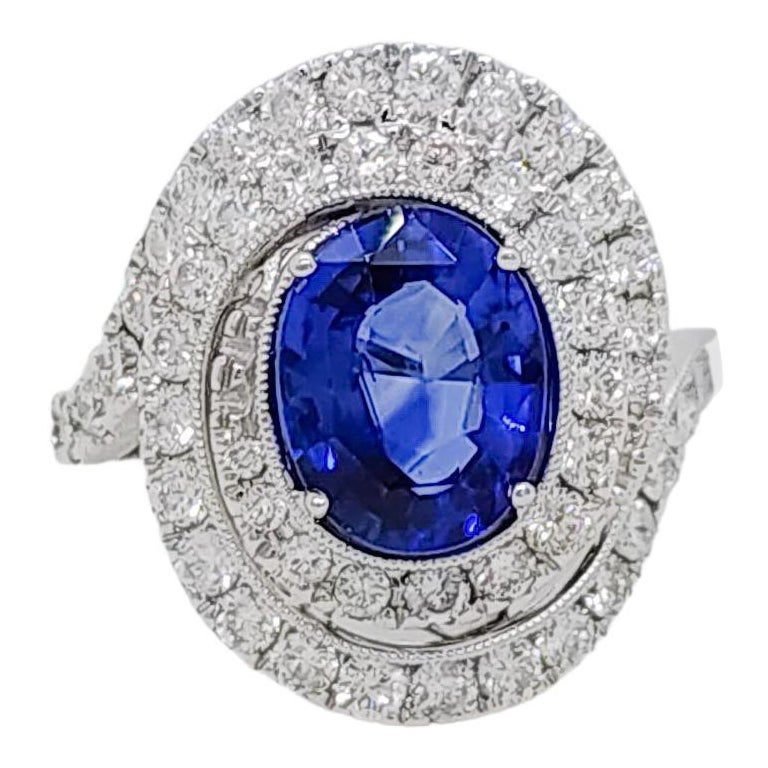GIA Blue Sapphire Oval and White Diamond Ring in 14k White Gold For Sale