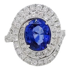 GIA Blue Sapphire Oval and White Diamond Ring in 14k White Gold