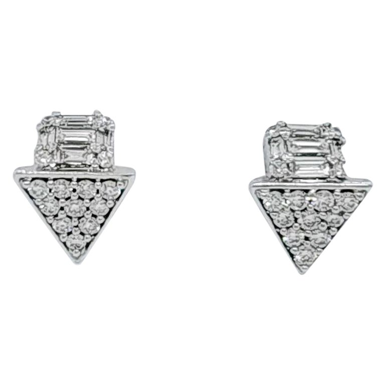 White Diamond Round and Baguette Arrow Shape Earrings in 14k White Gold ...