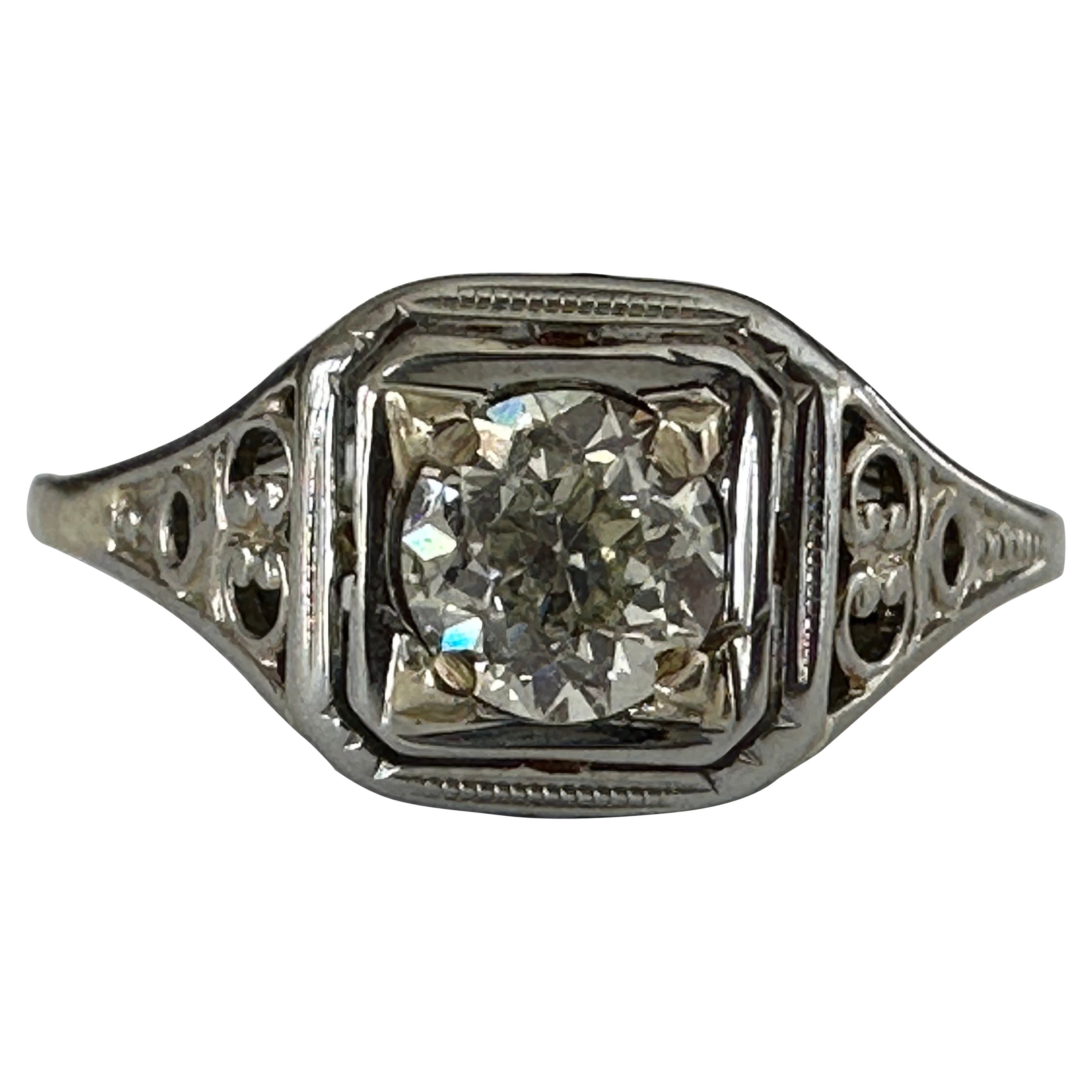 Belais Antique Diamond Solitaire and Filigree Ring For Sale