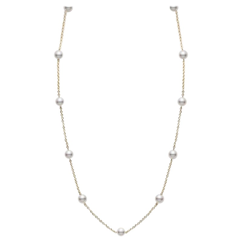 Mikimoto Akoya Cultured Pearl Station Necklace in 18k Yellow Gold PCQ158LK For Sale