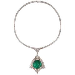 Art Deco 35.00 Carats Emerald Diamond Platinum Necklace 11