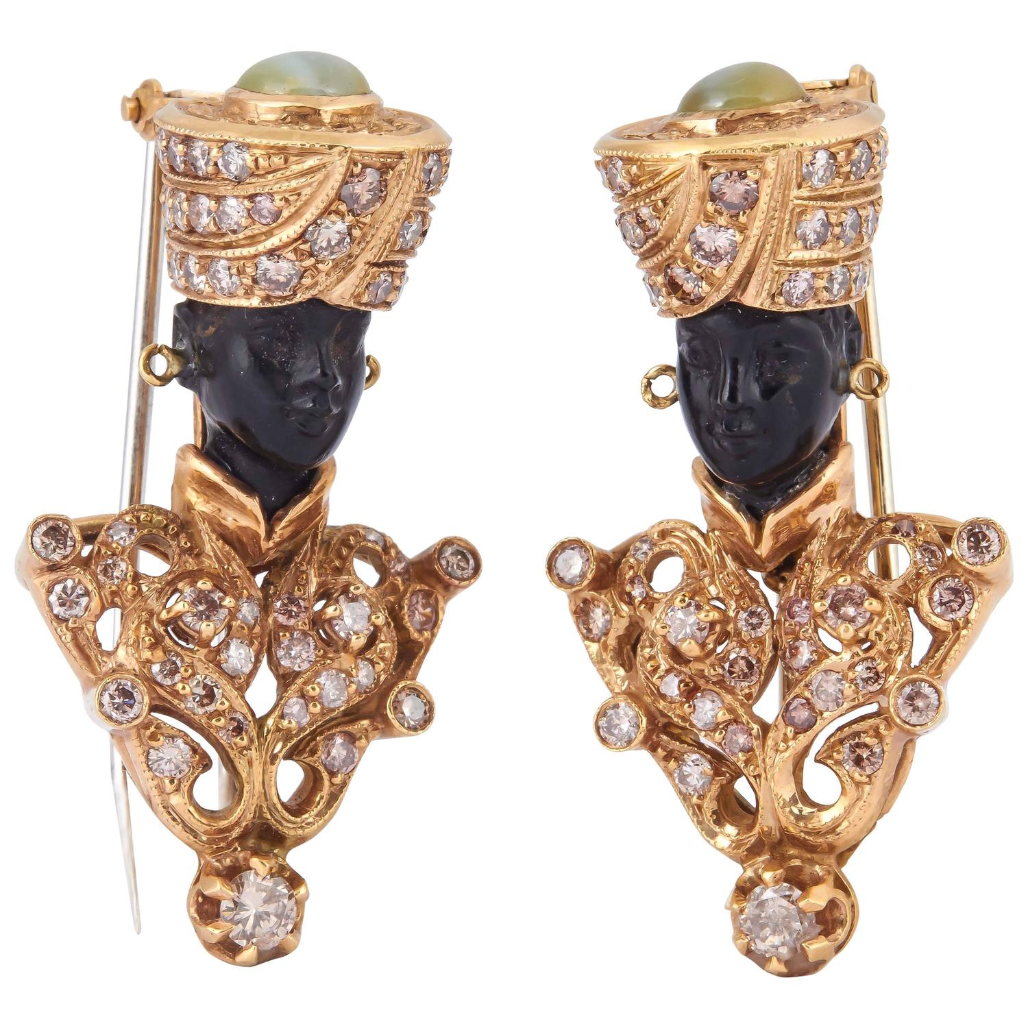 Nardi Tiger's Eye Carved Ebony Gold Blackamoor Brooches For Sale at 1stdibs