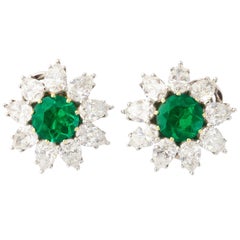 Very Fine Round Emerald Diamond Platinum Earclips