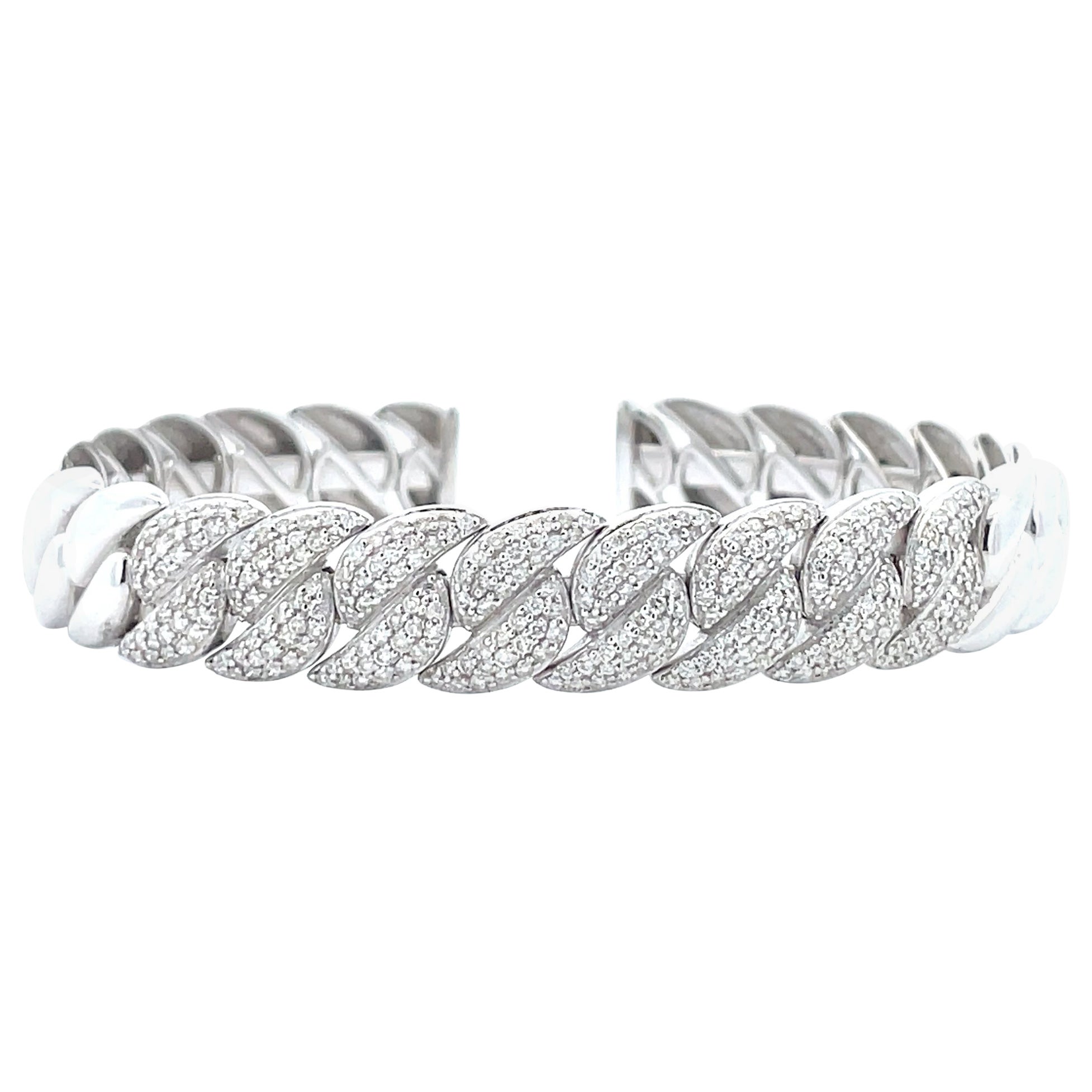 1.50 Carat Diamond Cluster Cuban Chain Link Cuff Bangle in 14k White Gold