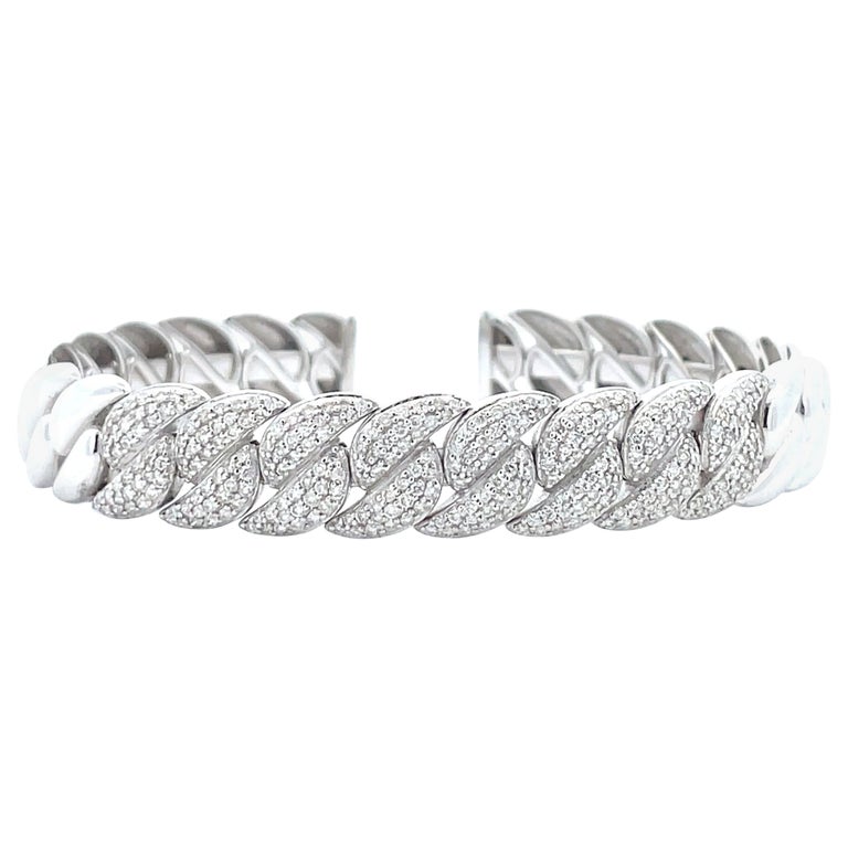 1.50 Carat Diamond Cluster Cuban Chain Link Cuff Bangle in 14k White Gold For Sale at 1stDibs