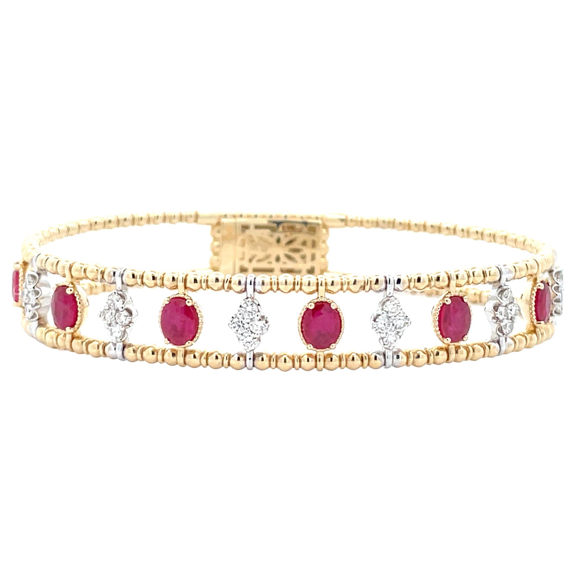 2.28 Carat Ruby & Diamond Gold Bead Cage Bangle in 14k Two-Tone Gold
