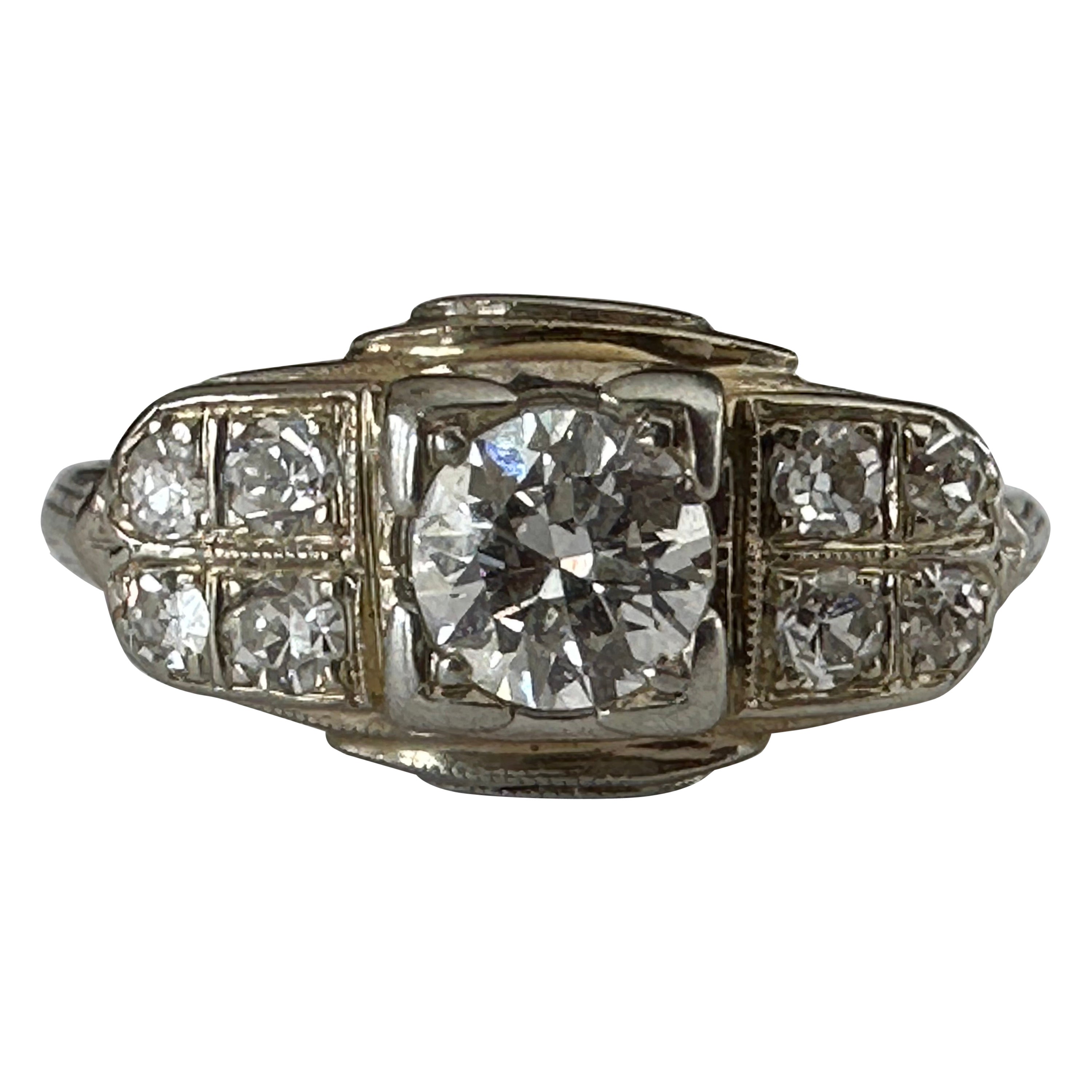 Retro Era Two Tone Diamond Engagement Ring For Sale