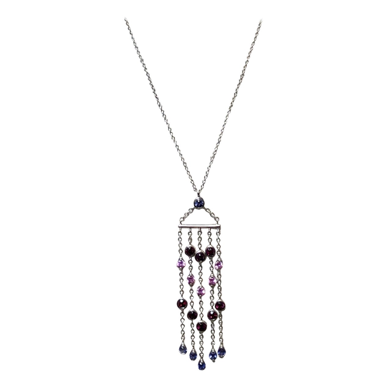 18k White Gold Tiffany Pink Blue Sapphire Iolite Garnet Tassel Pendant Necklace For Sale