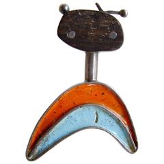 1950s Ward Law Sterling Silver Enamel Wood Abstract Brooch