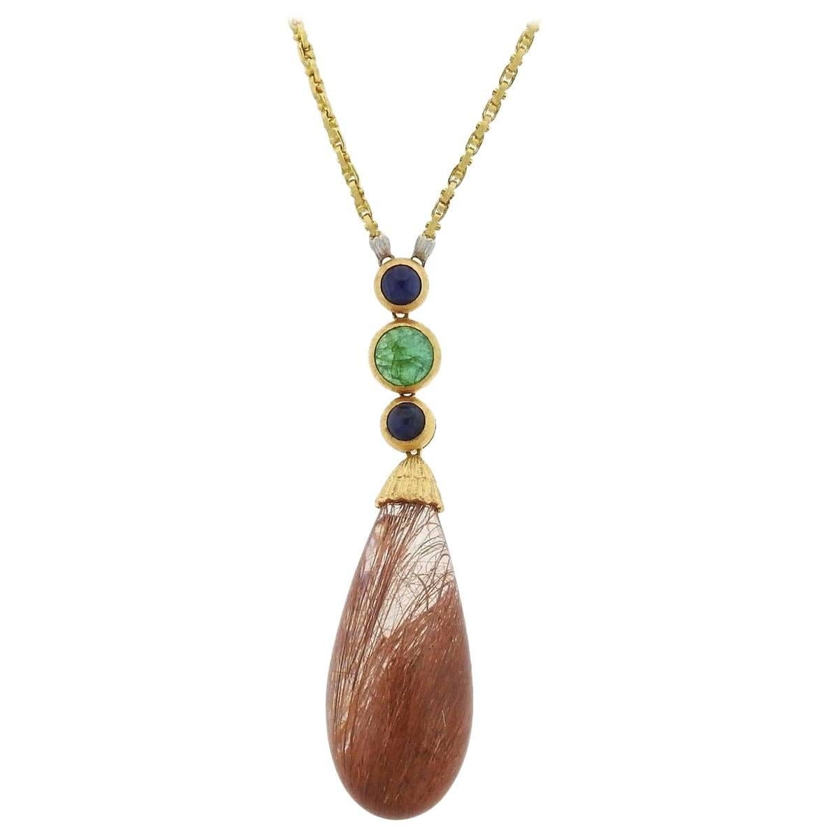 Buccellati Rutilated Quartz Sapphire Emerald Gold Pendant Necklace For Sale