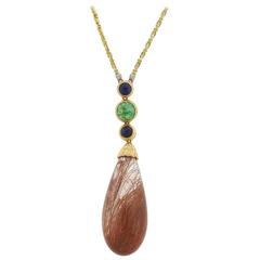 Buccellati Rutilated Quartz Sapphire Emerald Gold Pendant Necklace