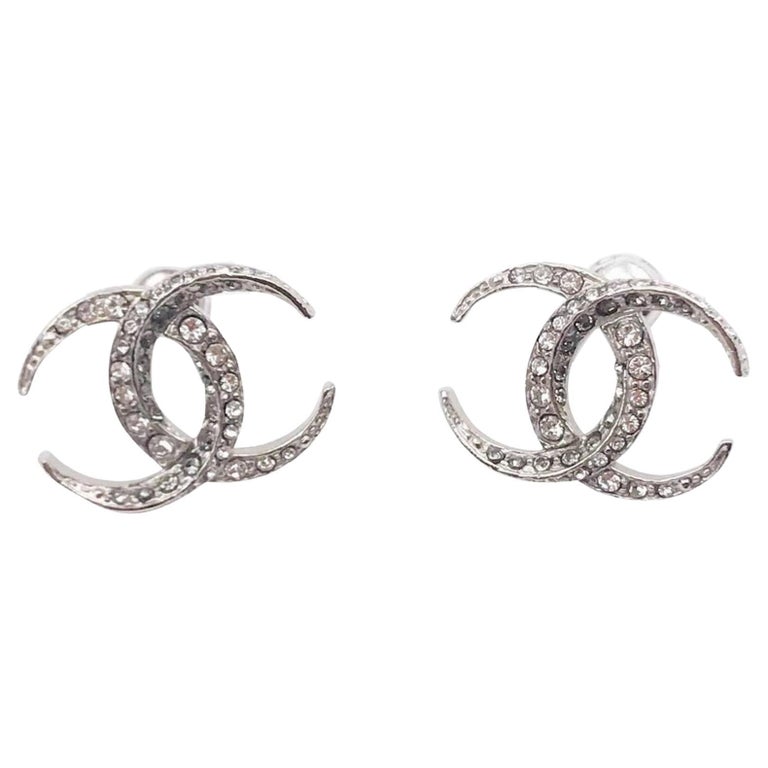 Chanel Classic Silver CC Crystal Medium Piercing Earrings