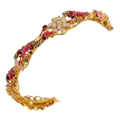 21 Karat Yellow Gold Diamonds and Enamel Floral Bangle Bracelet