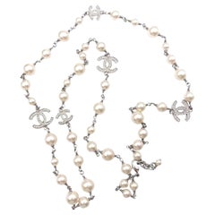 Chanel 5 Silver CC Crystal Faux Pearl Long Necklace