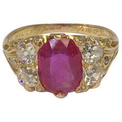 Victorian circa 1869 Unheated Burmese Ruby Diamond Ring 18k Antique Yellow Gold