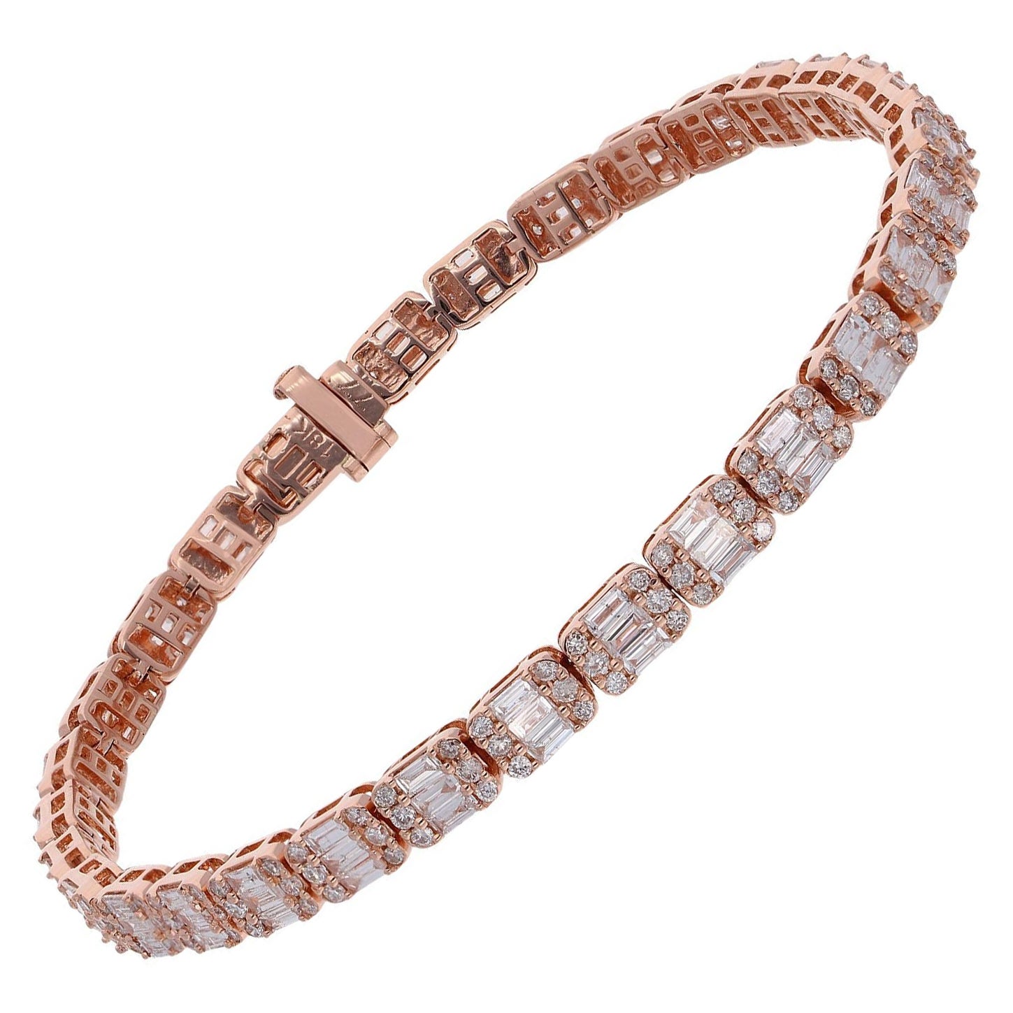 5.90 Ct SI Clarity HI Color Baguette Diamond Charm Bracelet 14 Karat Rose Gold