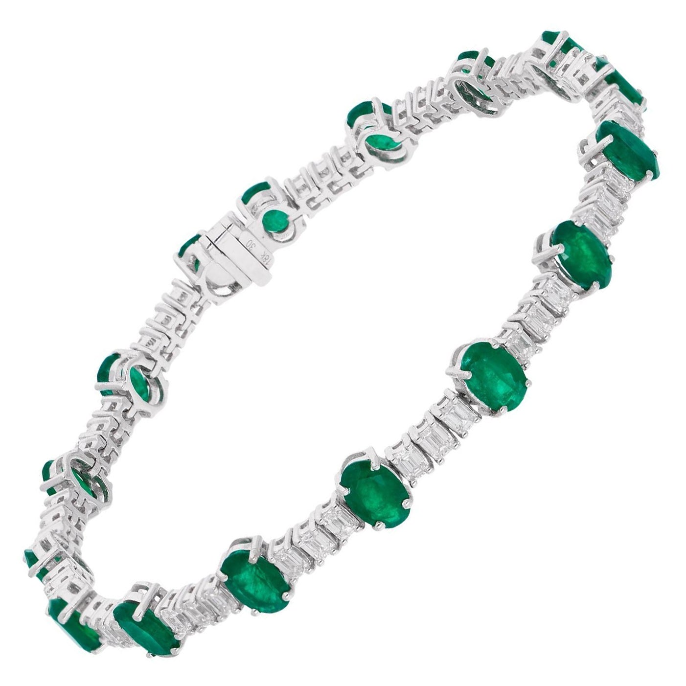 Natural Oval Emerald Gemstone Bracelet Emerald Cut Diamond 14 Karat White Gold For Sale