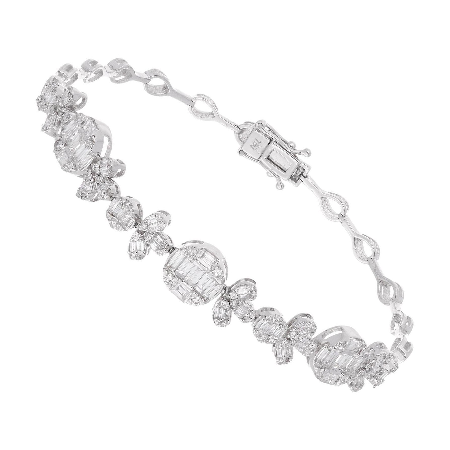 1.6 Carat Baguette Diamond Charm Bracelet 14 Karat White Gold Handmade Jewelry For Sale