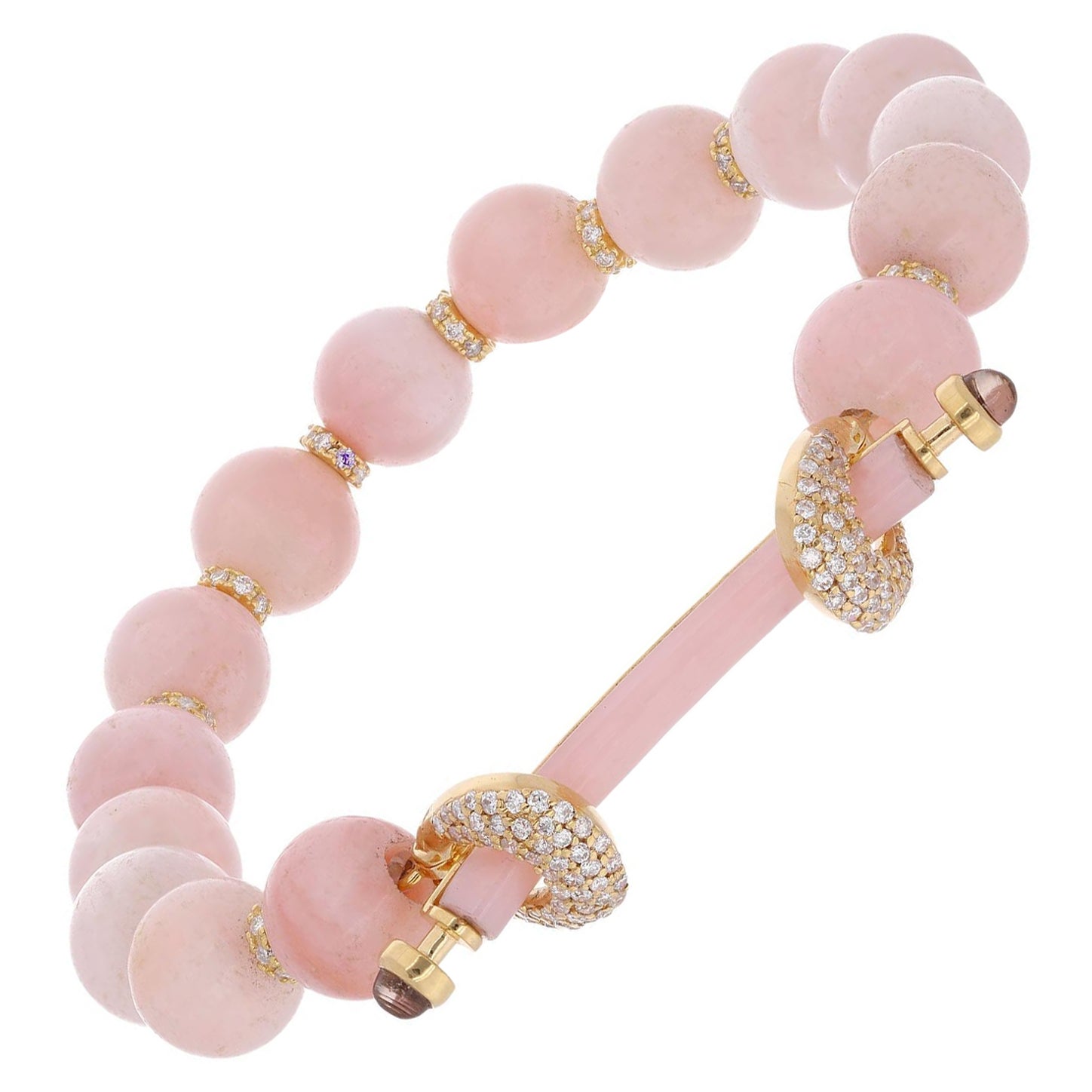 Perlen-Kugelarmband aus 14 Karat Gelbgold mit rosa Opal und Rauchdiamant, handgefertigt im Angebot