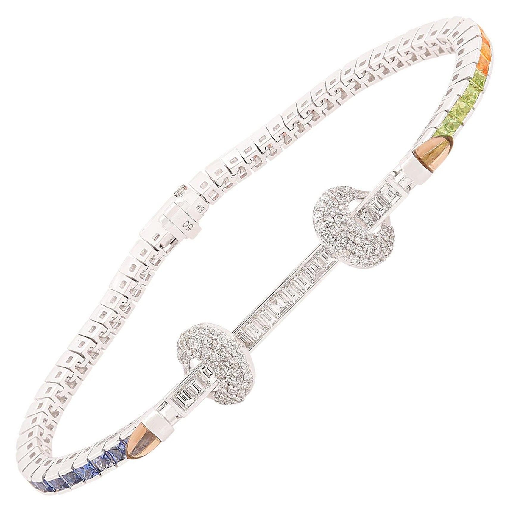 Multi Sapphire Gemstone Bracelet Smoky Diamond Solid 14k White Gold Fine Jewelry For Sale