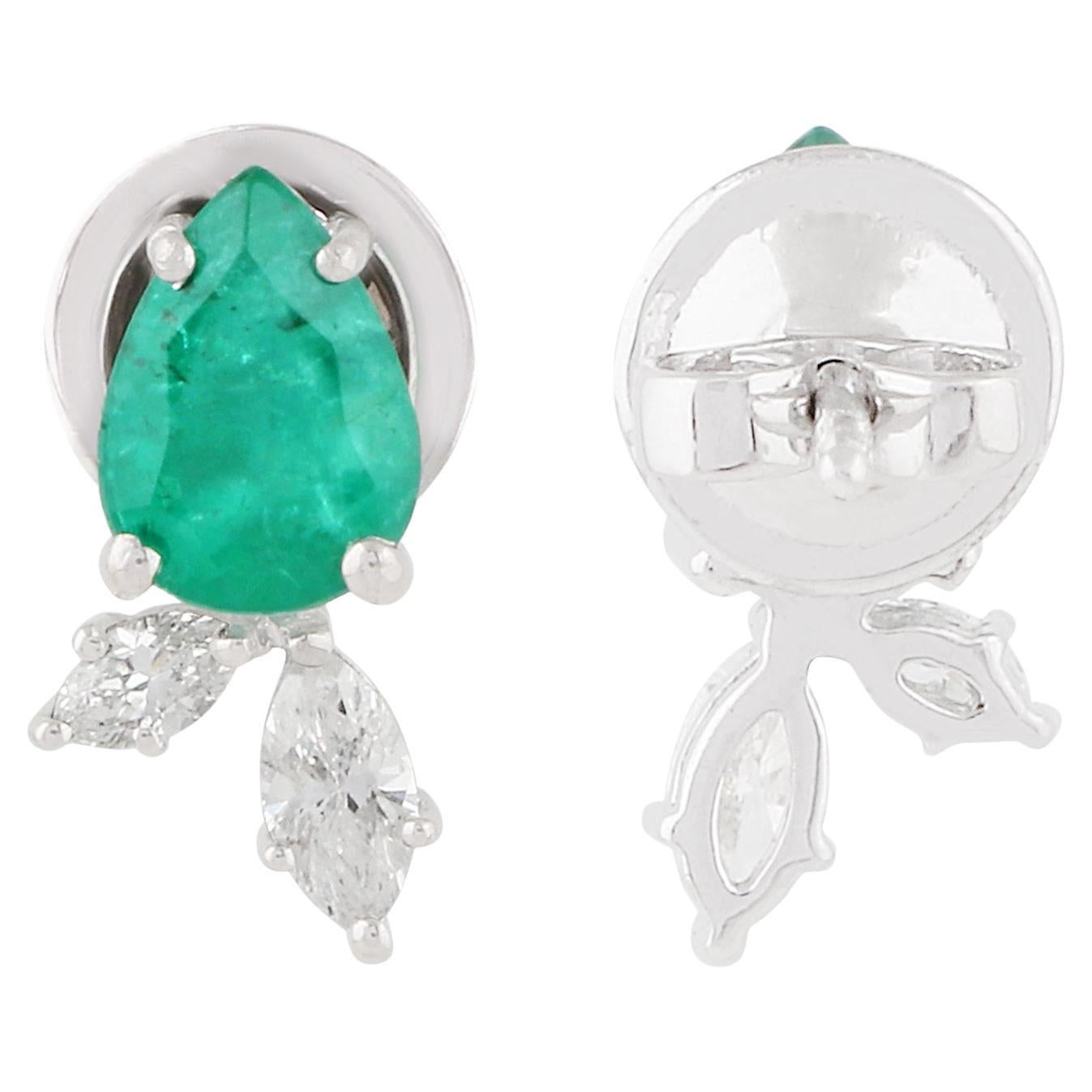 Pear Natural Emerald Stud Earrings Diamond 18k White Gold Fine Handmade Jewelry