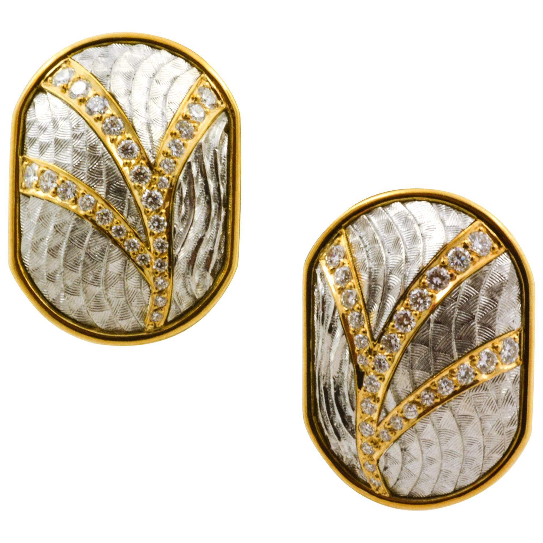 Michael Bondanza Diamond Gold Platinum Hand Engraved Clip-On Earrings