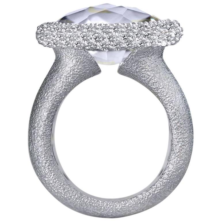 White Quartz Textured White Gold Cocktail Ring Handmade in NYC Limited