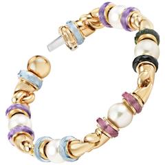 Vintage Bulgari Multi-Gemstone Pearl Gold Bracelet