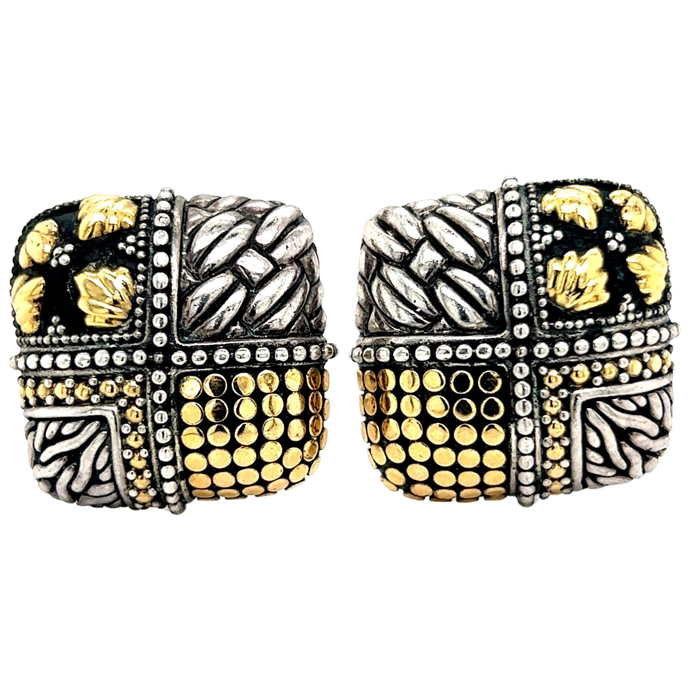 John Hardy Estate Quadratische Verschnörkelte Clip-on Ohrringe 18k Y Gold + Sterling Silber