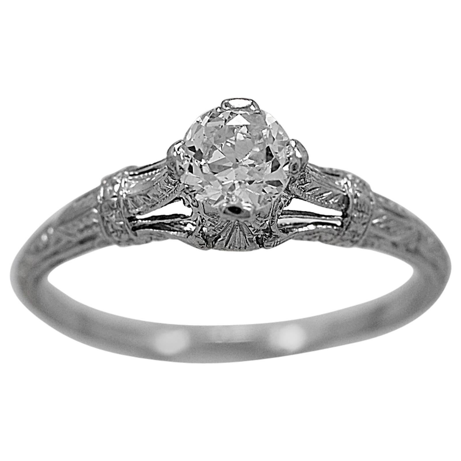 Art Deco .55 Carat Diamond Platinum Engagement Ring For Sale