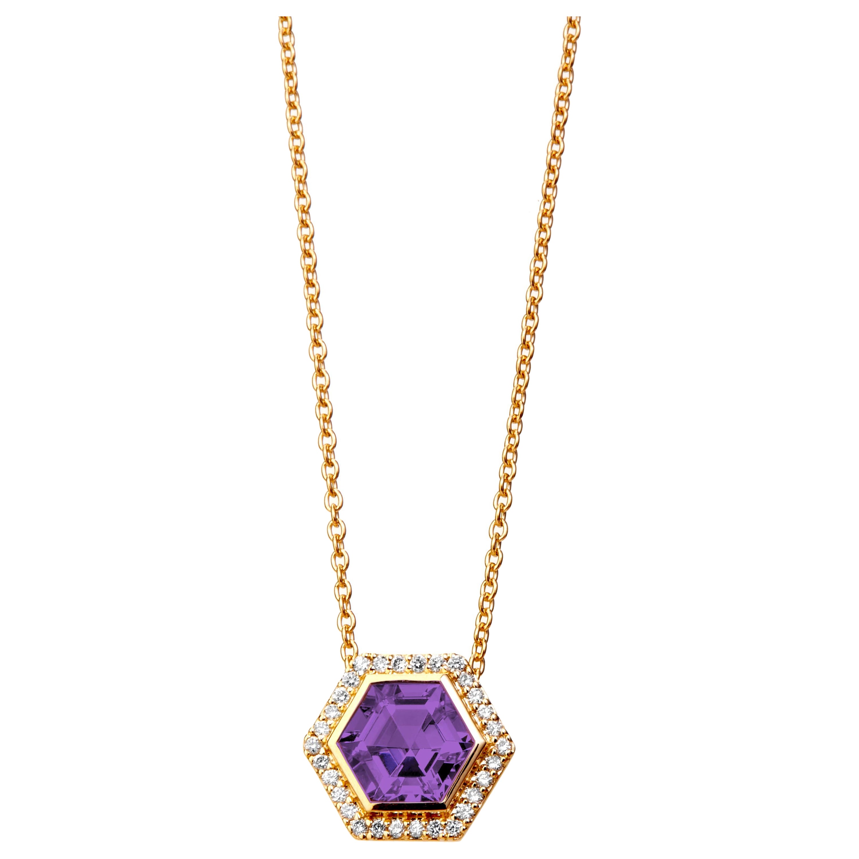 Syna Yellow Gold Amethyst Hex Necklace with Diamonds For Sale