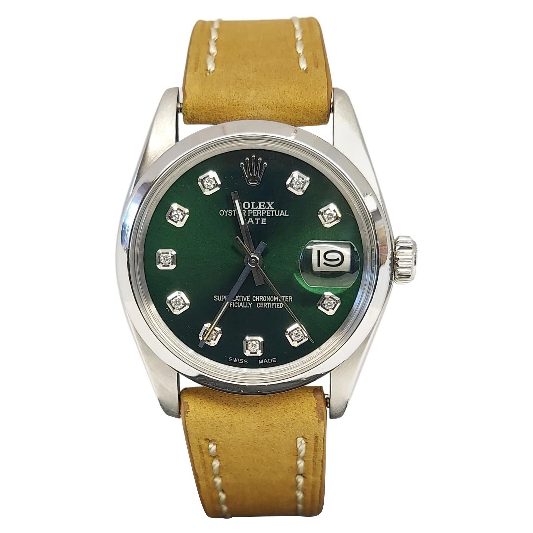 Rolex Unisex Date 34mm Stainless-Steel Green Diamond on Leather For Sale