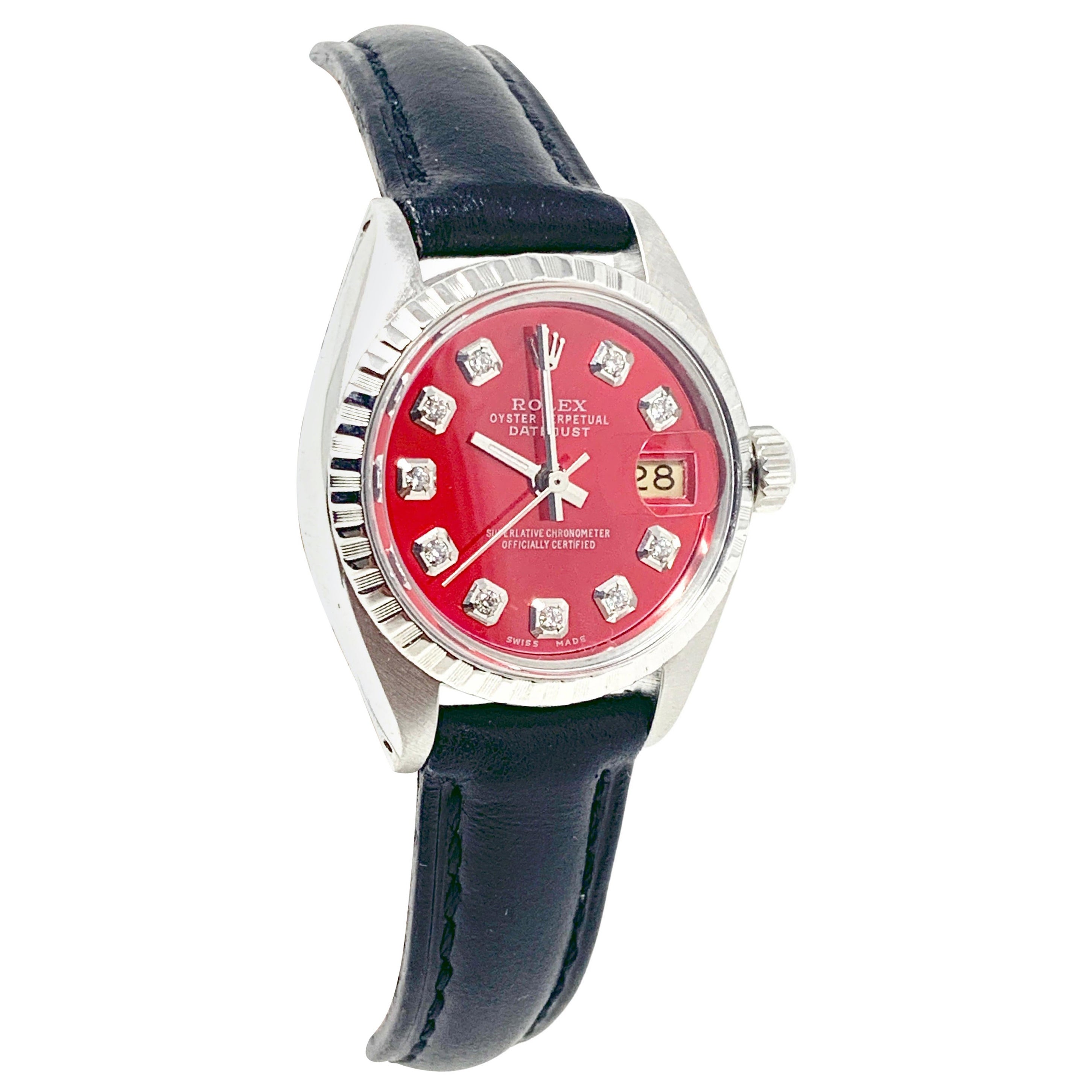 Rolex Ladies 6516 Datejust Red Diamond on Leather For Sale