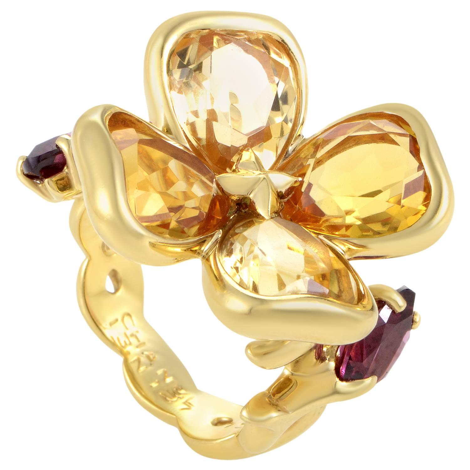 Chanel Citrine Rhodolite Garnet Gold Flower Ring