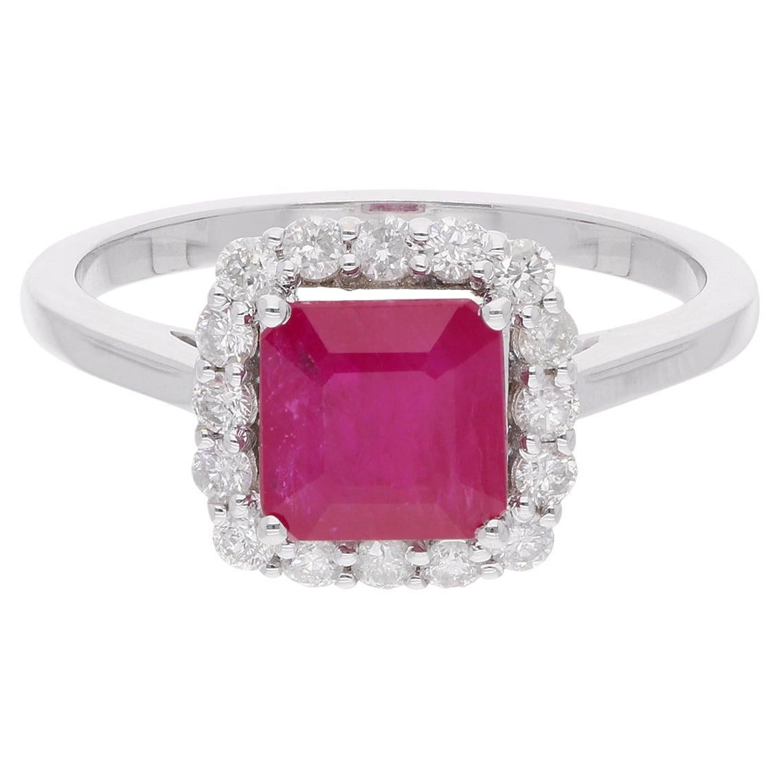Rubí Piedra Cóctel Anillo Diamante 14 Kilates Oro Blanco Hecho a Mano Joyería Fina