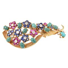 Vintage Multi-Gemstone Diamond Gold Floral Brooch
