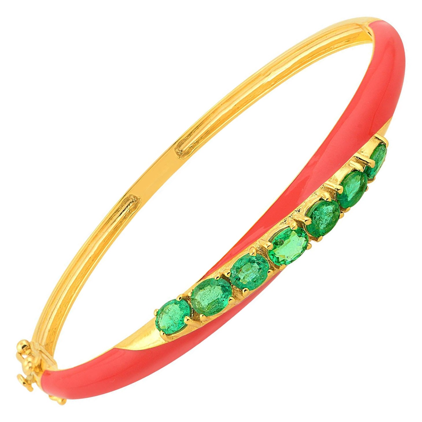 2.27 Carat Natural Emerald Enamel Bangle Bracelet 14 Karat Yellow Gold Jewelry For Sale