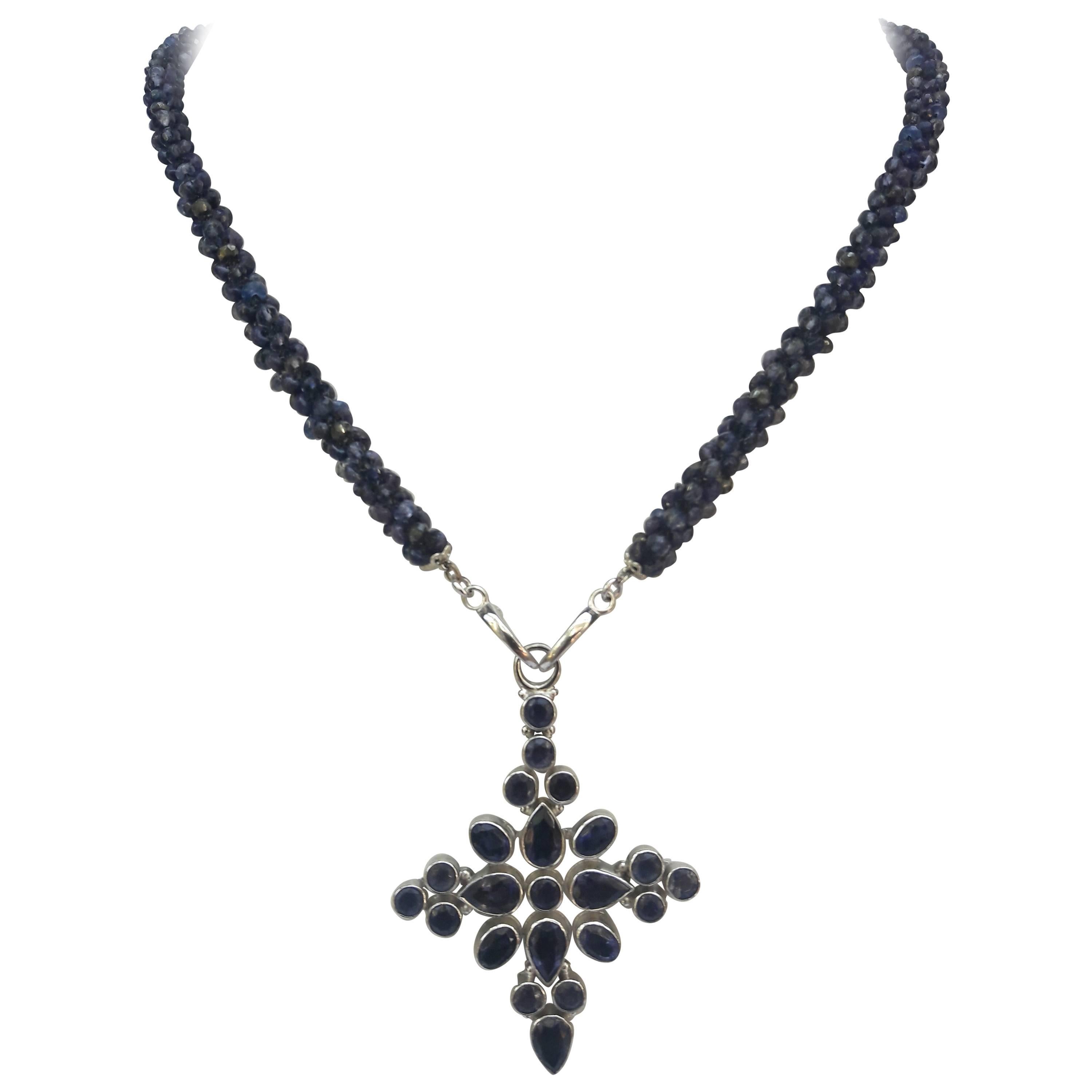 MarinaJ  Woven Iolite & Sapphire Necklace with 14 k Gold &Handmade Silver Cross 