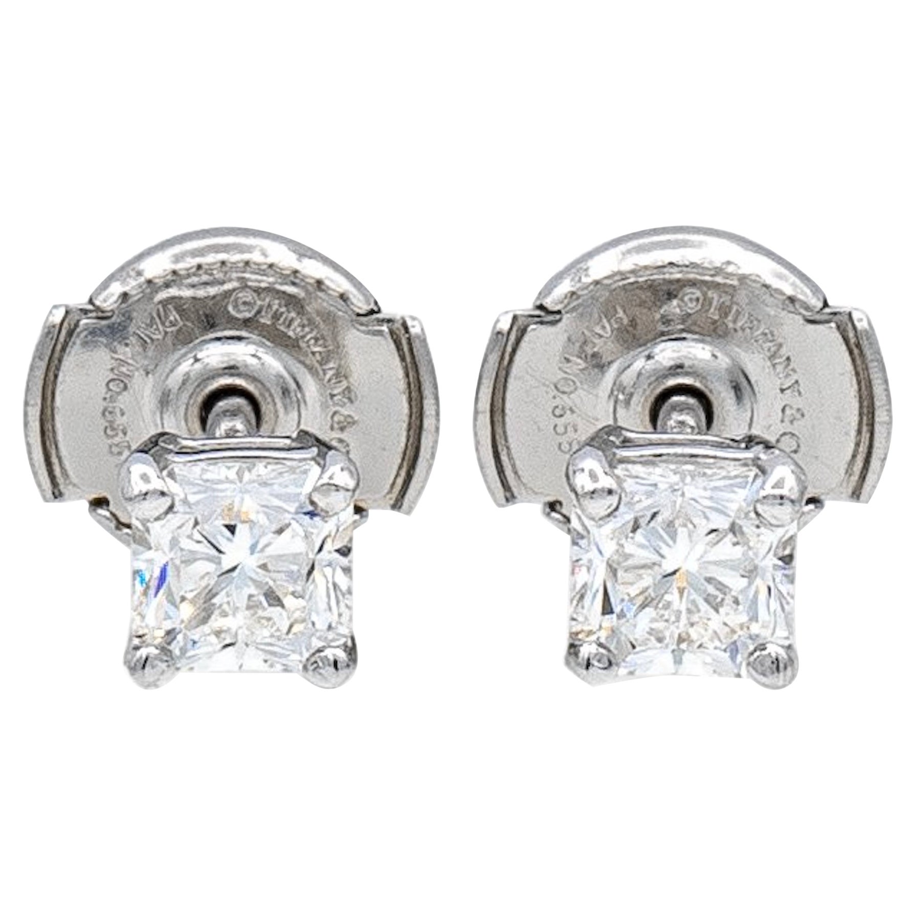 Tiffany & Co. Platinum Lucida Diamond Stud Earrings .90 Carats TW G-H VVS