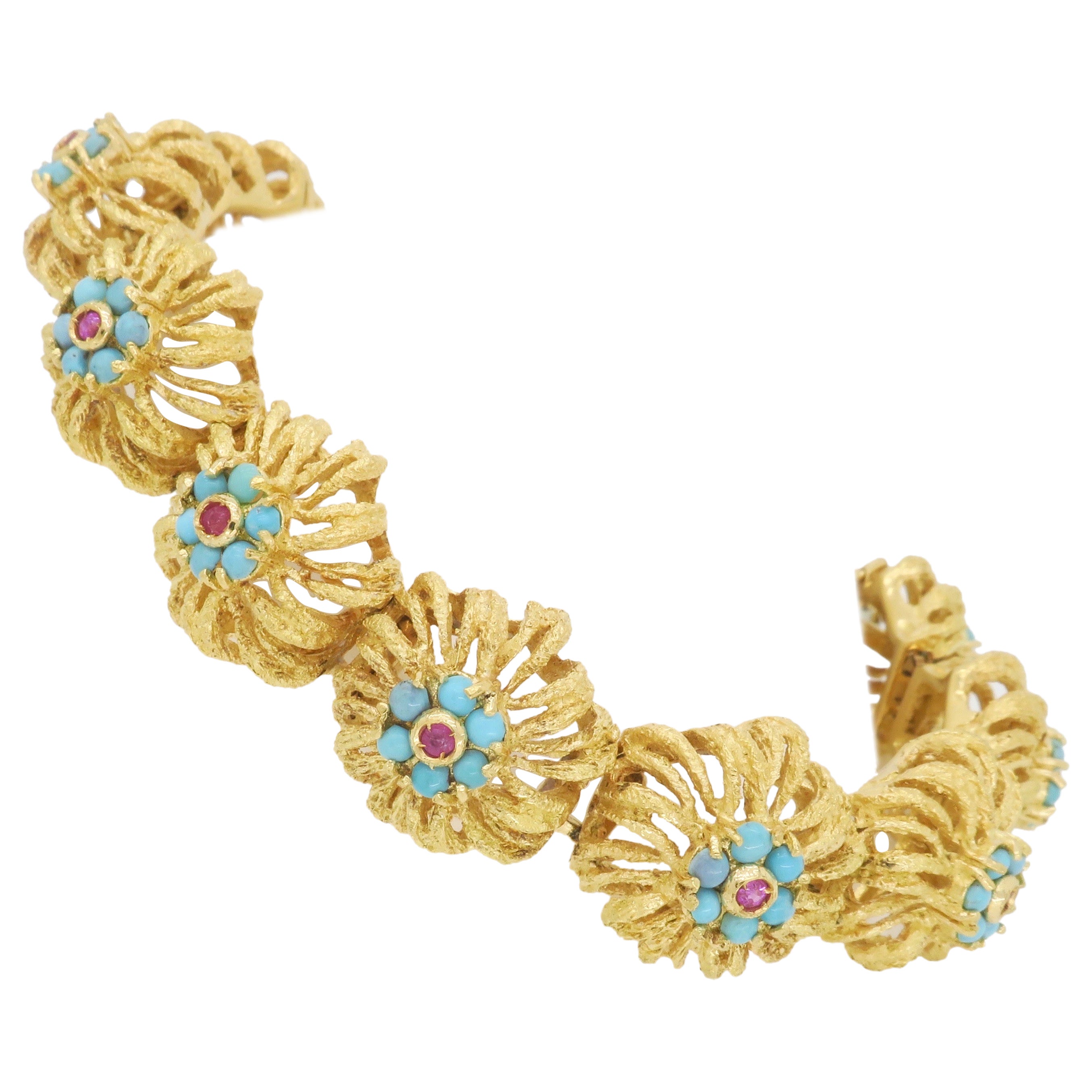 Turquoise & Ruby Floral Design Bracelet in 18k Yellow Gold