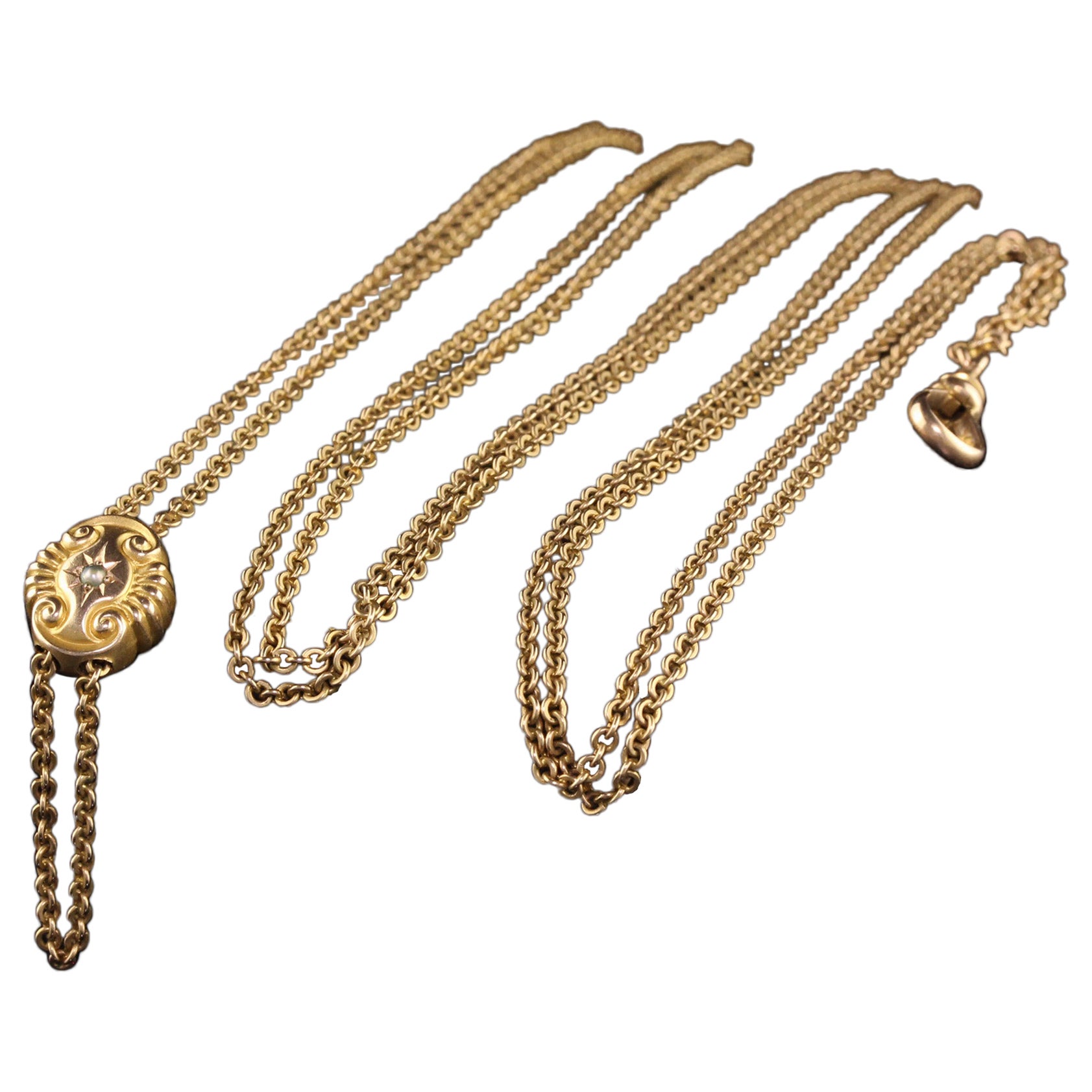 Antique Victorian 14k Yellow Gold Cable Link Chain Slider Necklace For Sale