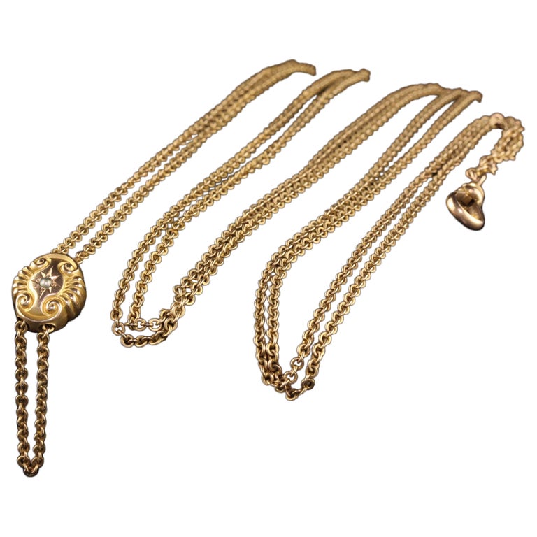 Antique Victorian 14k Yellow Gold Cable Link Chain Slider Necklace For