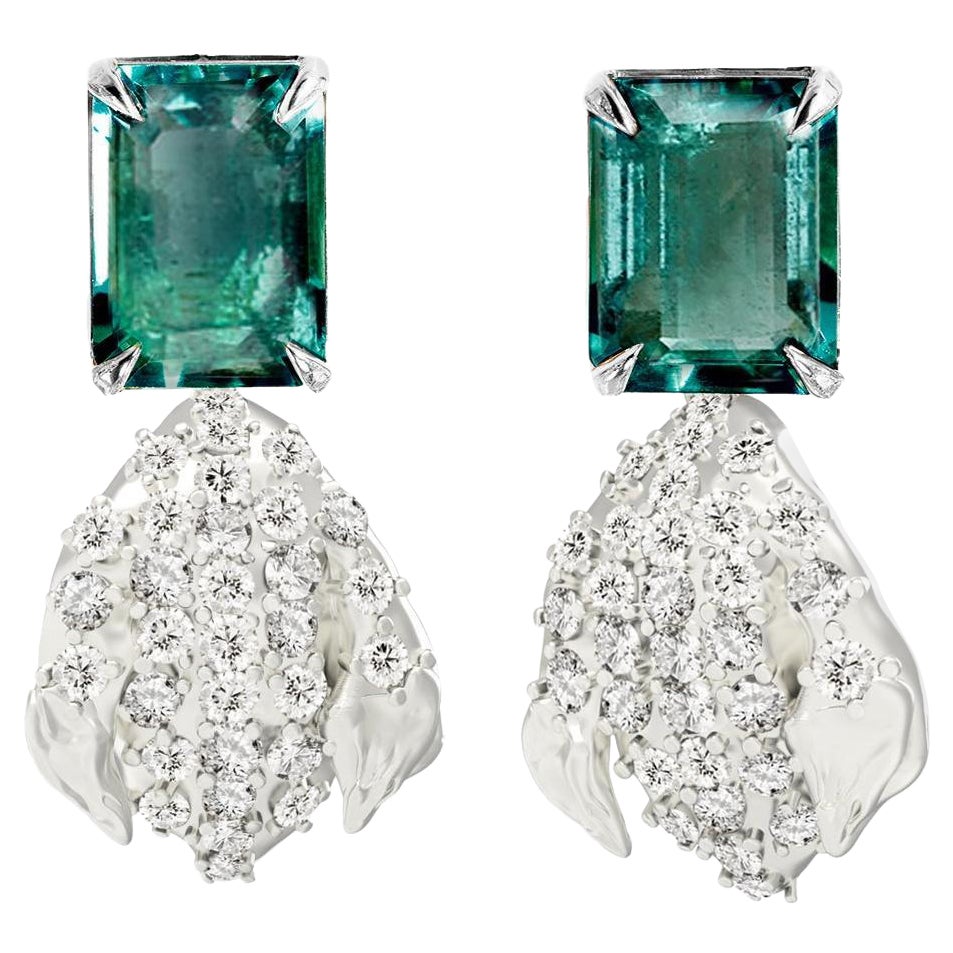 Petal Clip-On Earrings with Diamonds and Emeralds in Eighteen Karat White Gold For Sale