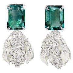 Petal Clip-On Earrings with Diamonds and Emeralds in Eighteen Karat White Gold