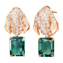 Rose Gold Contemporary Petal Stud Earrings with Emeralds and Diamonds