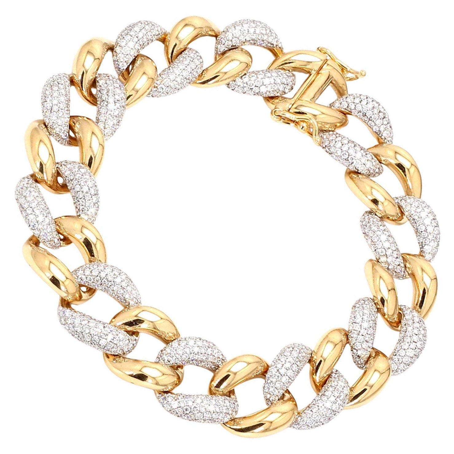 5.60 Carat SI/HI Diamond Pave Set Cuban Link Chain Bracelet 14 Karat Yellow Gold For Sale