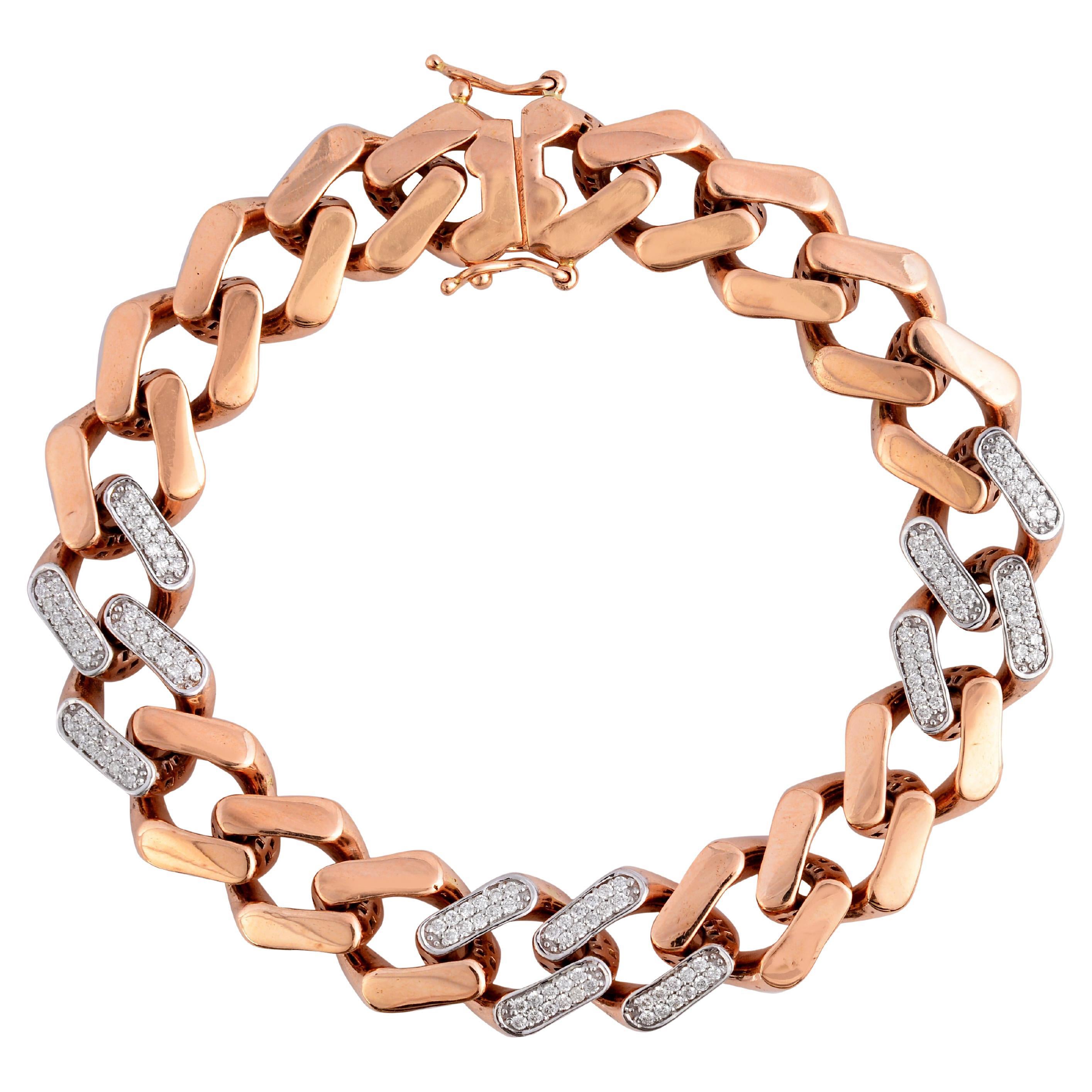 0.75 Carat SI/HI Diamond Cuban Link Chain Bracelet 14 Karat Rose Gold Jewelry For Sale