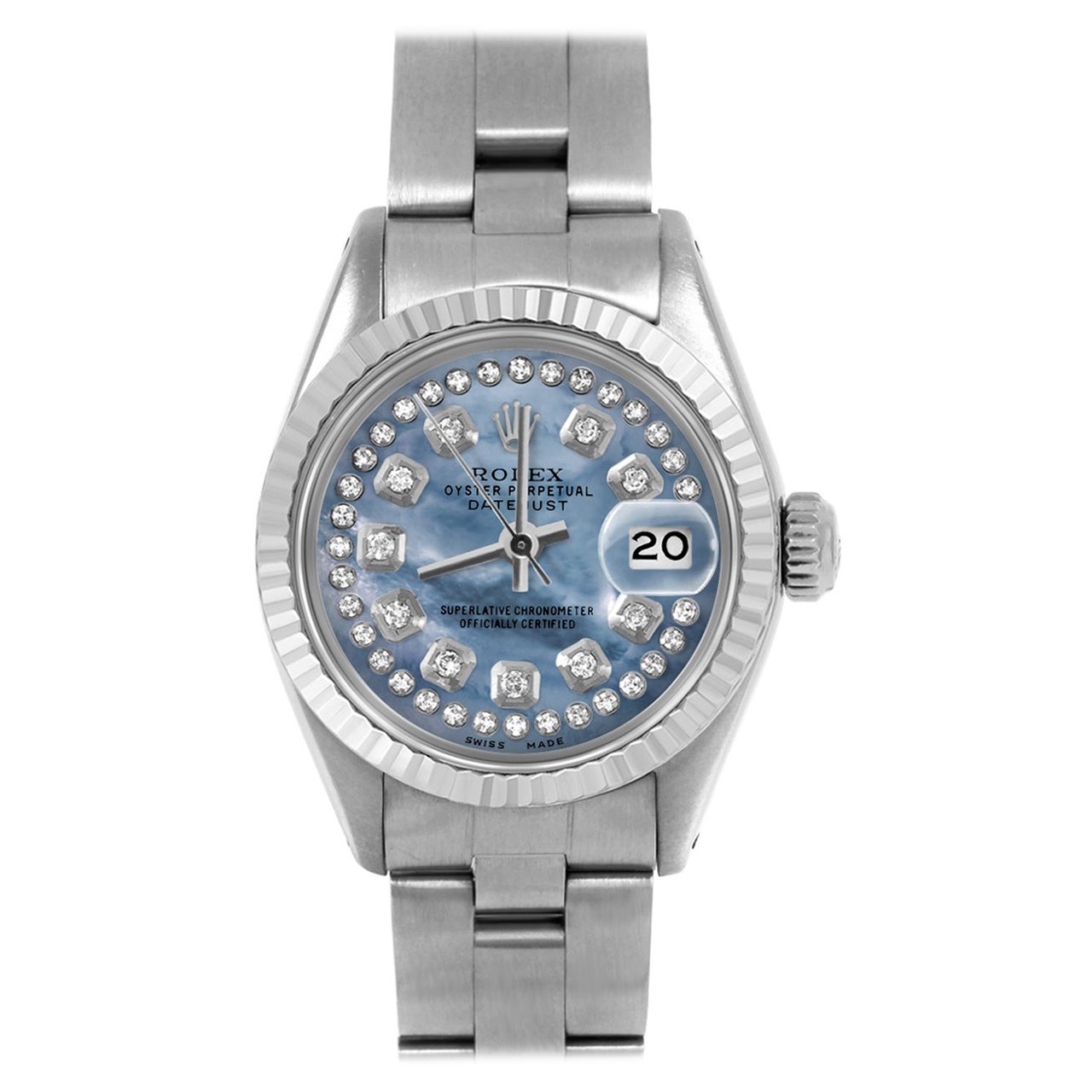 Rolex, bracelet Oyster Datejust 6917 en nacre bleue avec cadran en diamants et corde en vente