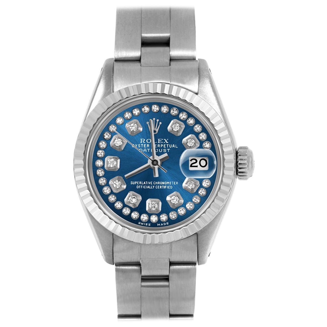 Rolex Datejust 6917, cadran bleu à cordes et diamants, lunette cannelée Oyster Band